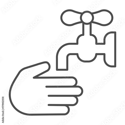 Faucet and hand thin line icon, body hygiene concept. Vector graphics. Hand with faucet tap, washing hands sign on white background, outline style icon for mobile or web design.