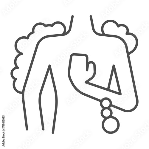 Human torso and hand in soap foam thin line icon, body hygiene concept. Vector graphics. Body torso in soapy bubbles, shower sign on white background, outline style icon for mobile or web design.