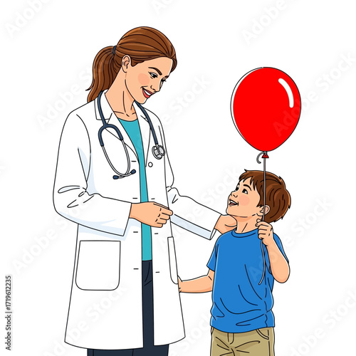A caring doctor giving a red balloon to a happy child. The child is smiling up at the doctor while holding the balloon