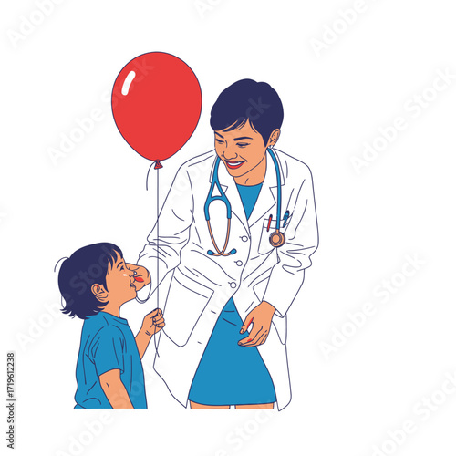 A doctor giving a child a red balloon. The doctor is smiling and looking at the child with care, a symbol of caring.