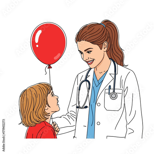 A doctor interacts warmly with a child who holds a red balloon, creating a sense of care and reassurance