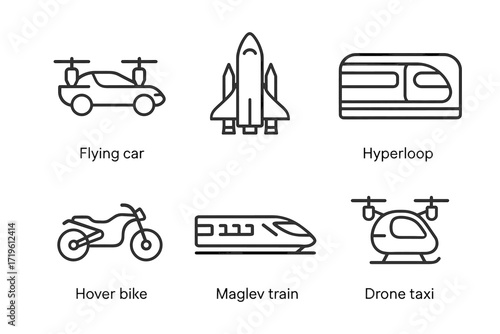 Futuristic transportation concepts: flying car, hyperloop, hover bike, maglev train, drone taxi