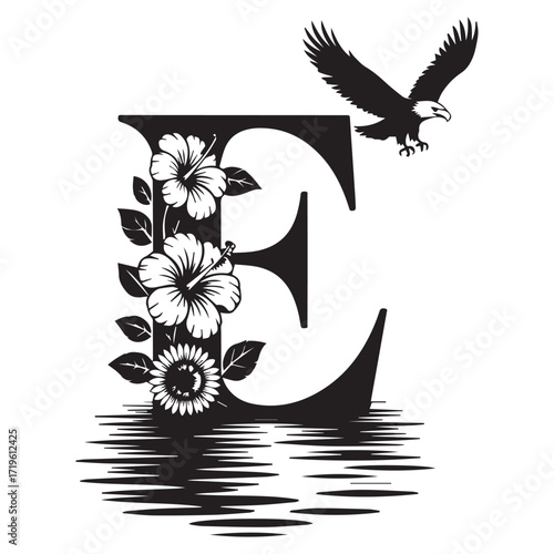 Majestic eagle soaring above an ornate letter e adorned with tropical flowers and reflecting in water