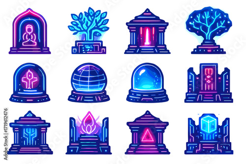 Futuristic neon icons: temples, trees, and spheres in blue and purple glow