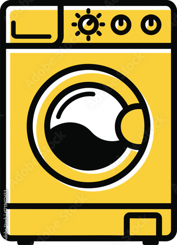 Bright yellow front load washing machine icon with control panel