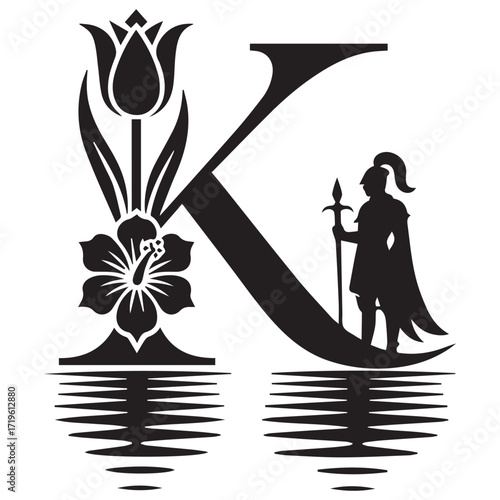 Ornate black letter k monogram with elegant tulip flower and warrior silhouette reflected in water