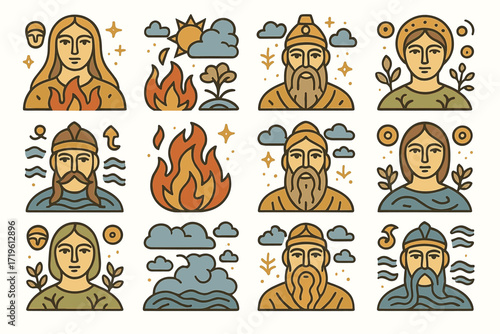 Mythical elemental figures with nature symbols and iconic outfits
