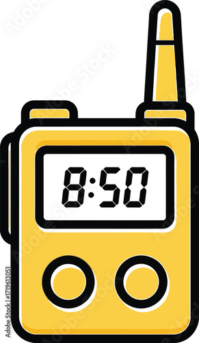 Yellow walkie talkie with digital display showing 8 50