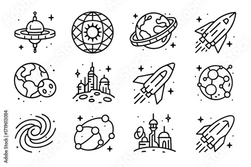 Space exploration icons: rockets, planets, and futuristic cities in black and white line art