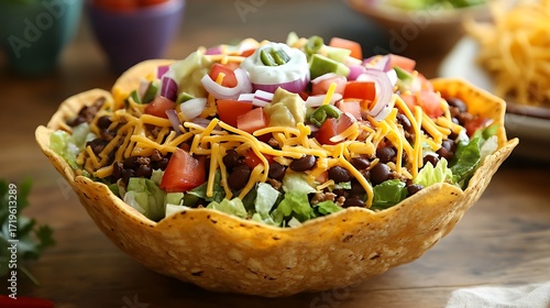 Colorful taco salad in a crispy tortilla bowl with black beans, cheddar cheese, tomato, avocado, red onion, and lettuce on a wooden table
