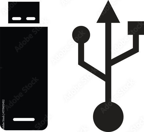 Simple black icon of a usb flash drive and usb symbol for data storage and connectivity