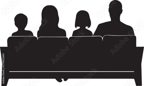 Family sitting together on a couch people silhouette vector, black and white silhouette vector illustration