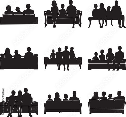 A collection of  Family sitting together on a couch people silhouette vector, black and white silhouette vector illustration