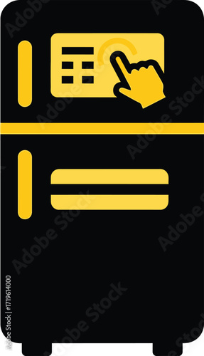Modern refrigerator with digital touchscreen interface and hand icon