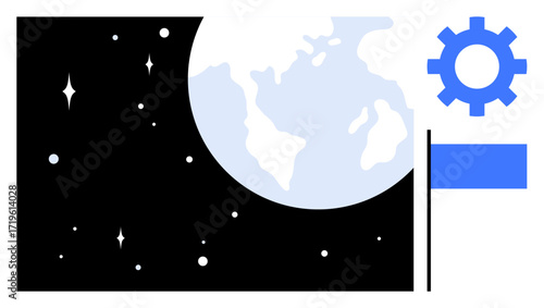 Earth partially in view from space, stars surrounding, blue flag, and gear symbol. Ideal for innovation, technology, global impact, exploration creativity future sustainability. Simple flat