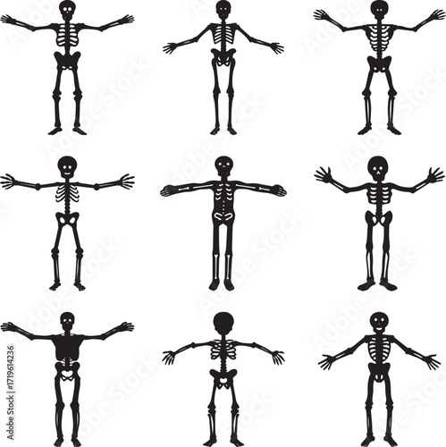 A collection of  Black skeleton silhouette vector, black and white silhouette vector illustration