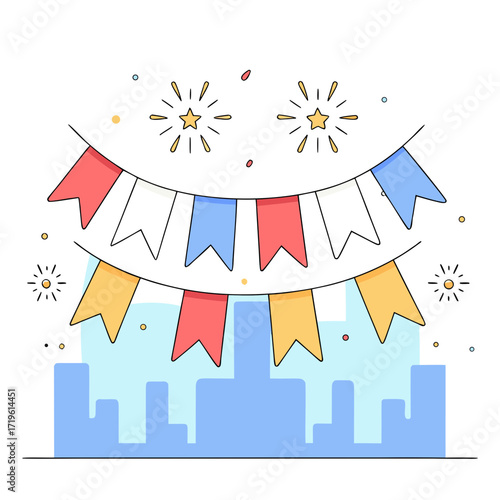 Celebration bunting flags strung across a cityscape with fireworks in the background