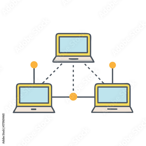 Simple network diagram showing laptops connected wirelessly for data transfer and communication