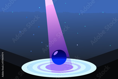 A single blue sphere illuminated by a purple spotlight on a circular platform against a starry night sky