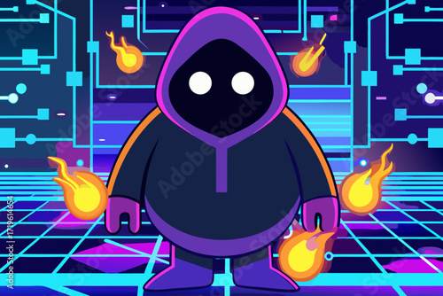 A mysterious hooded figure with glowing eyes stands amidst a futuristic digital landscape, surrounded by flames, representing cybersecurity and virtual reality