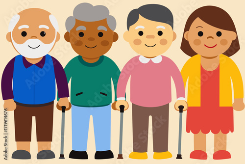 A diverse group of four elderly people, two men and two women, standing together with canes, representing community and aging