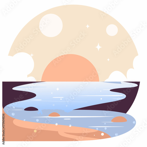 Abstract illustration of a serene sunset over a calm body of water with a sandy shore and a large, pale moon in the sky, evoking a sense of peace and tranquility