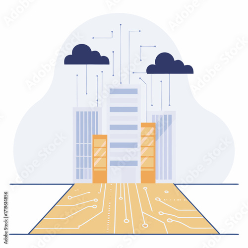 Digital transformation concept with cloud computing and data flow to modern buildings, representing technology and network infrastructure