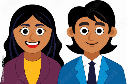 Two cartoon people, a woman and a man, smiling and looking forward