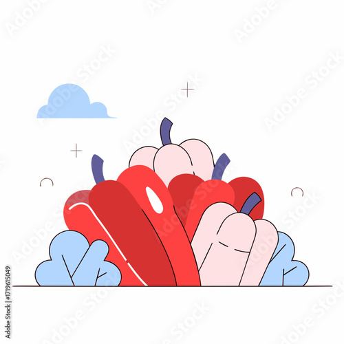 A vibrant illustration of a pile of red and pink bell peppers, with stylized blue clouds and decorative plus signs, isolated on a