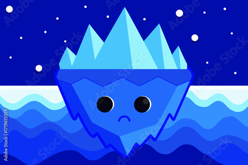 Sad cartoon iceberg with a face floating in the ocean under a starry night sky, representing climate change and global warming