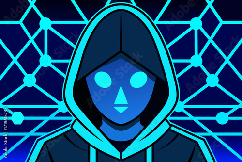 Anonymous hacker in a hood with glowing eyes, representing cybercrime, data breach, and digital security threats against a futuristic network background