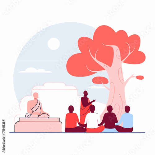 A buddhist monk sits in meditation on a raised platform under a large tree, while a group of people sit in front of him, listening to his teachings