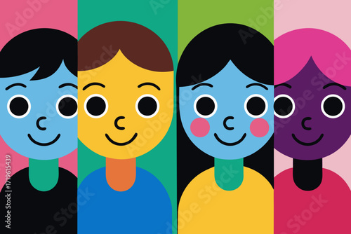 Diverse group of four cartoon characters with different skin tones and hair colors, smiling and looking forward, representing unity and inclusion