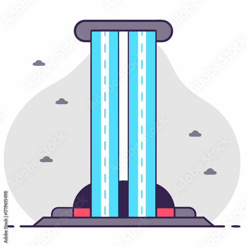 Abstract illustration of a futuristic water slide with blue water streams and clouds in the background, representing fun and adventure
