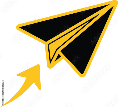 Black and gold paper airplane soaring upwards with arrow