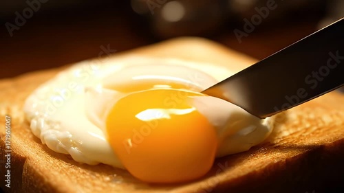 Knife Cutting into a Perfectly Cooked Runny Fried Egg on Golden Toast