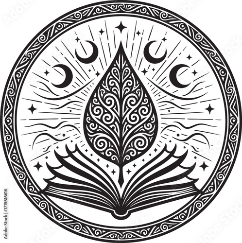 Mystical circular emblem with an open book, ornate leaf, moons, and stars.
