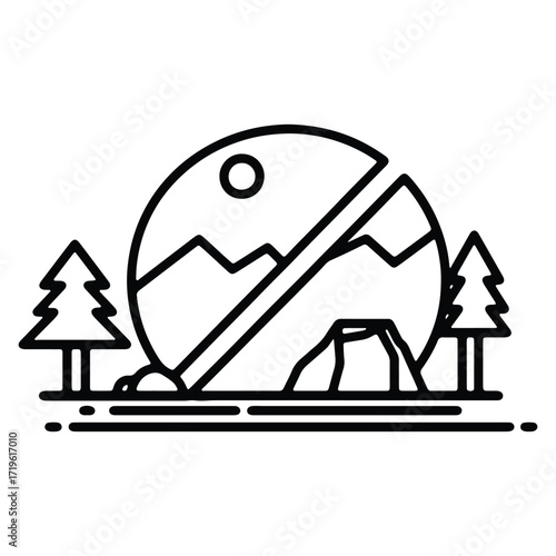 Stylized mountain landscape icon with trees moon and rocky outcrop