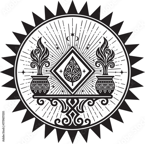 Mystical sunburst emblem with ornate leaf, diamond frame, and ceremonial pots.