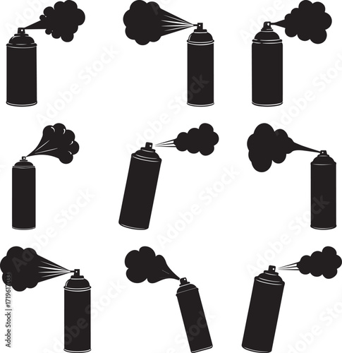 A collection of  Black spray can emitting dark cloud aerosol silhouette vector, black and white silhouette vector illustration