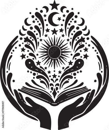 Mystical hands holding an open book with celestial sun, moon, and stars.