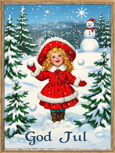 A vibrant Christmas postcard featuring a blonde girl in a red coat and hat, surrounded by snow-covered pine trees, a snowman, and a clear blue sky.