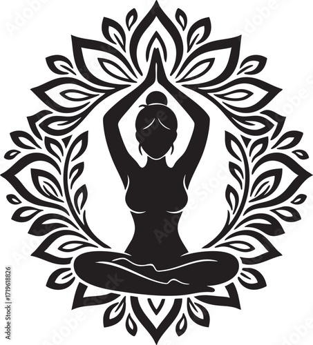 Yoga woman silhouette within an ornate circular mandala frame.