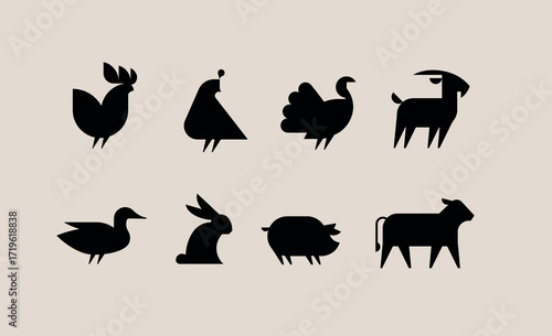 Farm animals icon set with rooster, quail, turkey, goat, duck, hare, pig, cow drawing with black on beige background