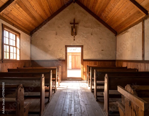 Interior of a historic wooden chapel, sunbeams illuminating the aisle