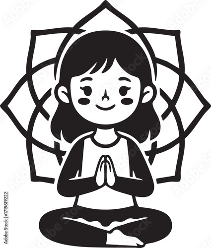 Cute cartoon girl meditating with a geometric mandala background.