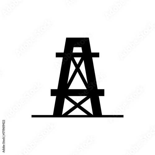 A black silhouette of an oil derrick, a towering structure used for drilling oil wells.