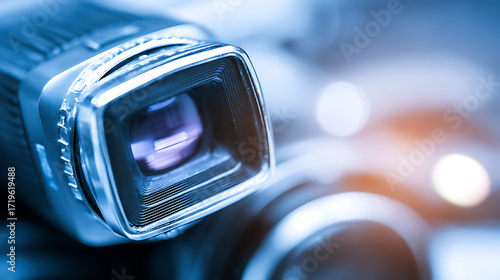 Close-up of a video camera lens with a blurred background featuring light bokeh effects
