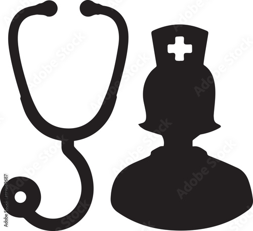 Stethoscope and doctor silhouette vector, black and white silhouette vector illustration