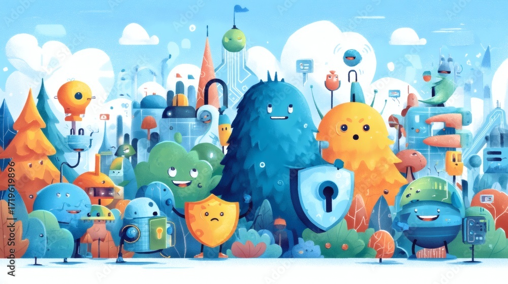 Fototapeta premium Colorful Fantasy Landscape with Cute Characters and Imaginary Structures